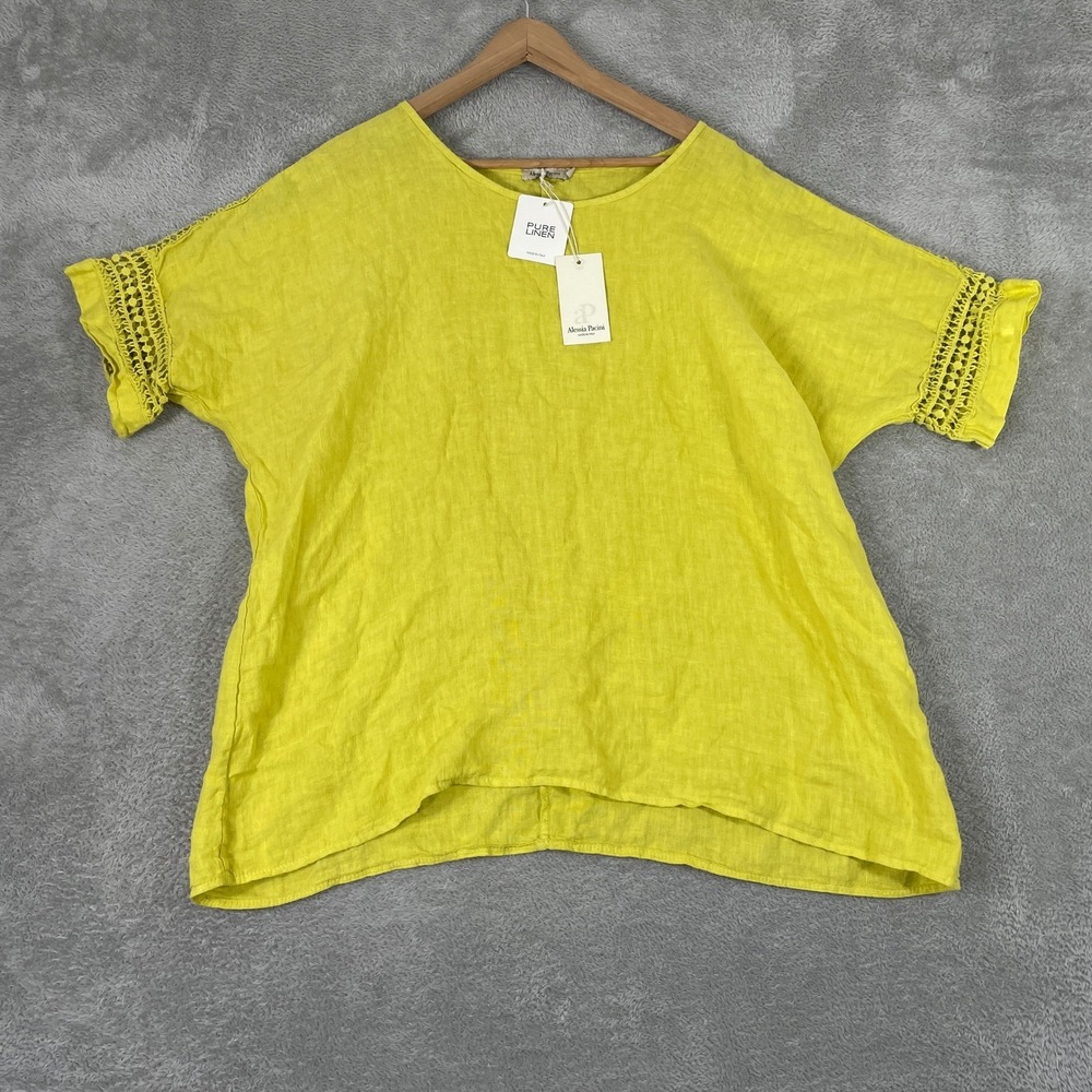 Alessia Pacini Blouse Womens 2X Yellow Pure Linen Made in Italy Crochet Lace Art